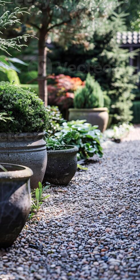Serene Garden Path with Potted Plants and Pebble Stones in a Lush Green Backyard photo