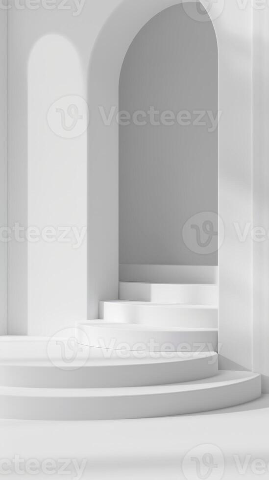 Minimalist White Interior with Curved Staircase and Archway photo