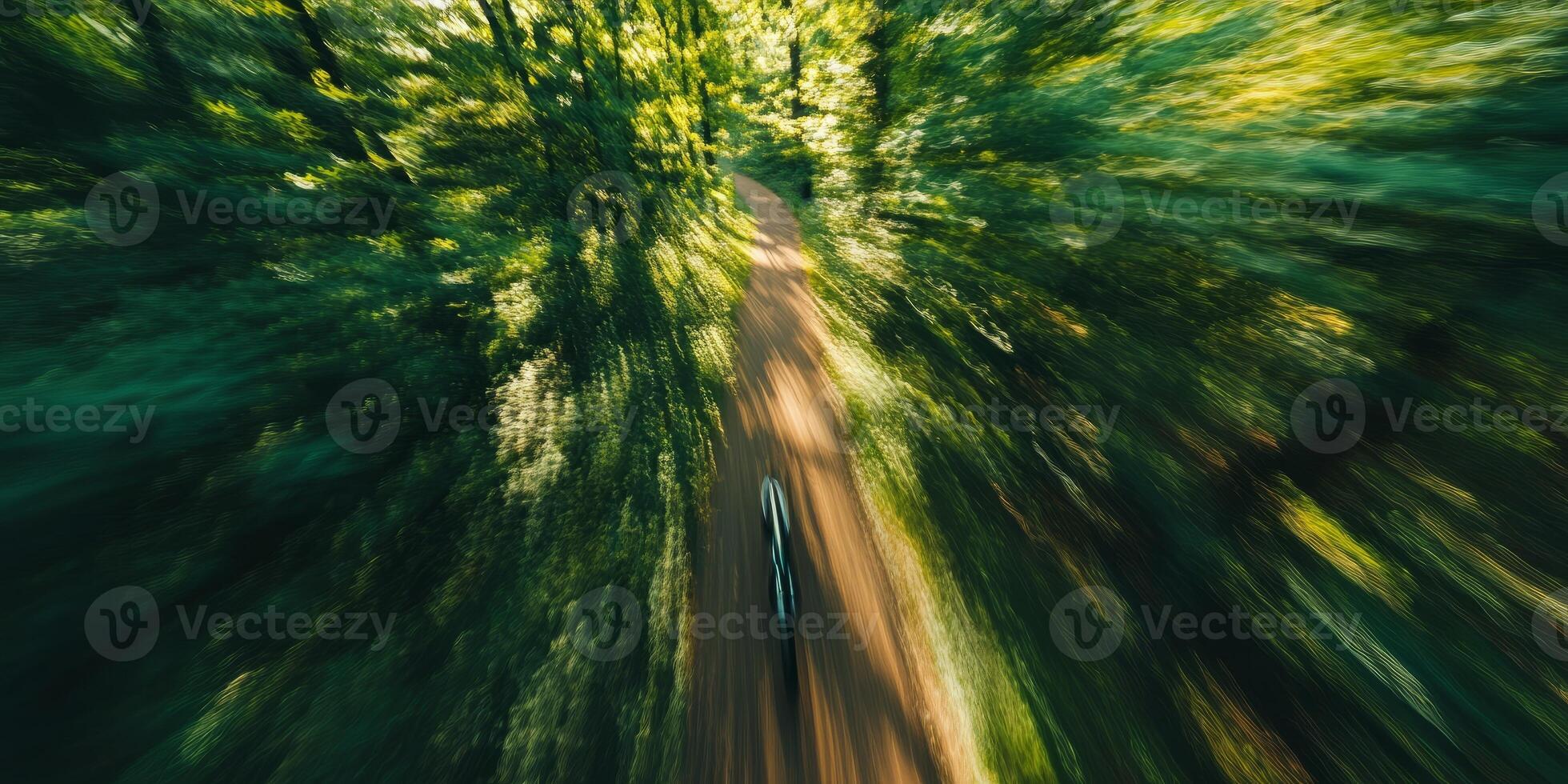 A blurry image of a forest road with a person riding a bike photo