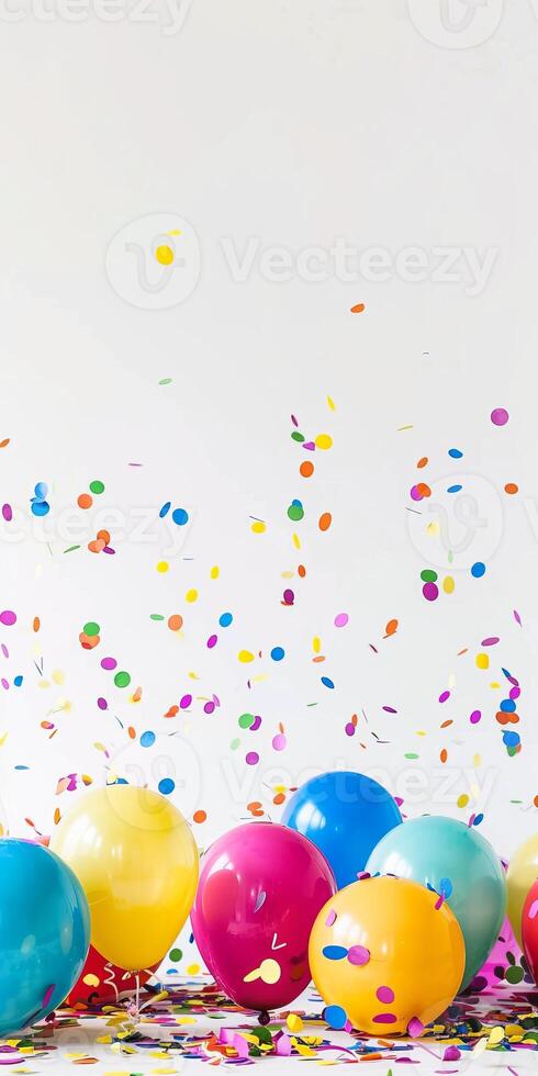 A bunch of colorful balloons are scattered on a white background photo