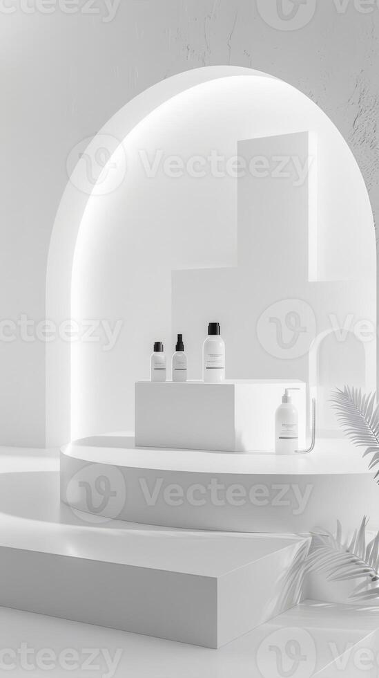 Minimalist White Cosmetic Product Display with Modern Arch photo