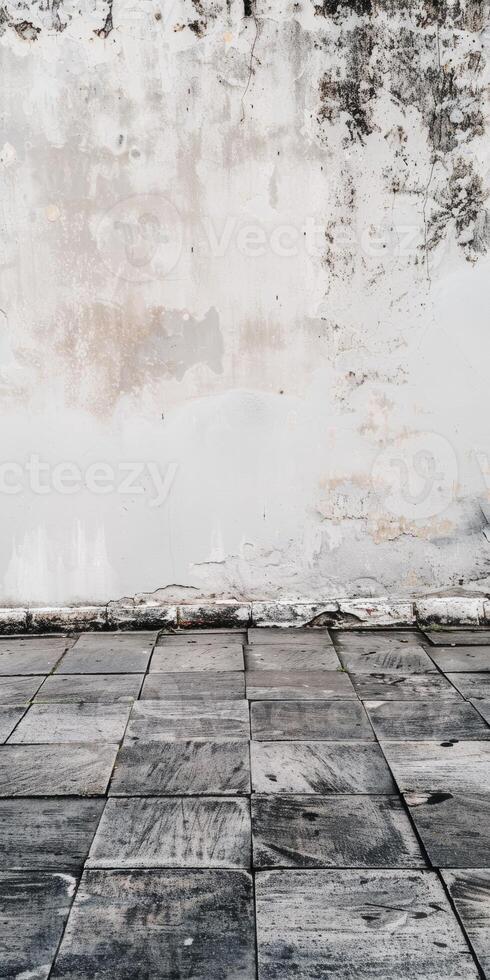 Weathered Concrete Wall with Rustic Stone Tiles Creating an Urban Industrial Backdrop photo