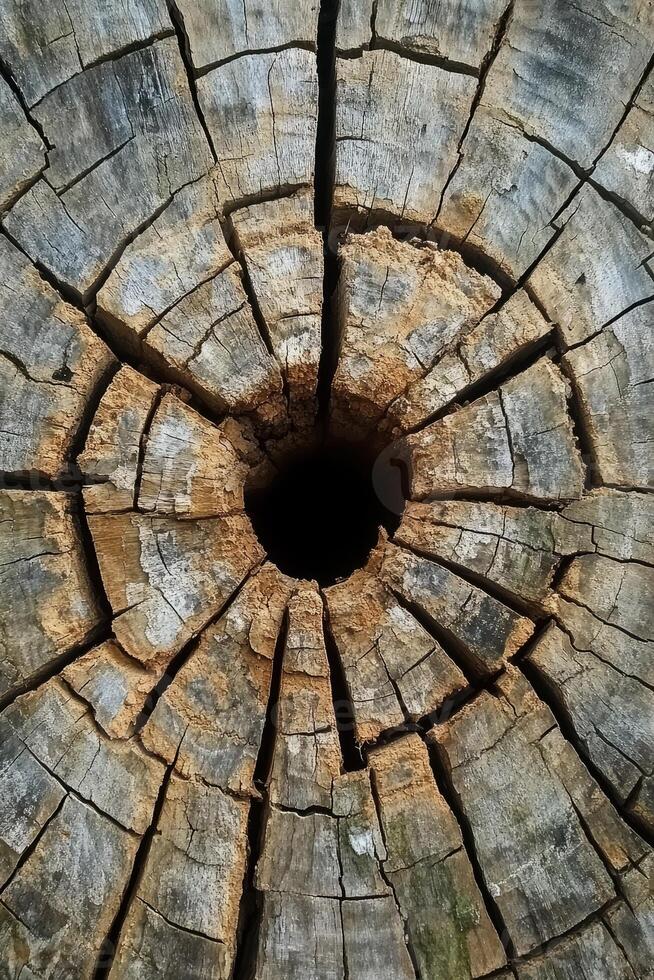 Close-Up of Weathered Tree Trunk with Cracks and Central Hollow photo