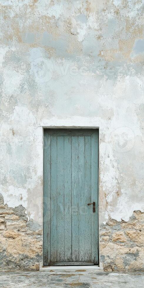 Weathered Wooden Door on Rustic Stone Wall with Peeling Paint in Vintage Architectural Setting photo
