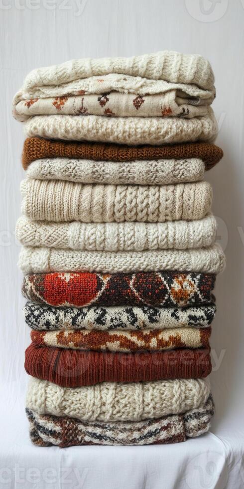 Cozy Stack of Knitted Sweaters in Various Patterns and Textures on a Neutral Background photo