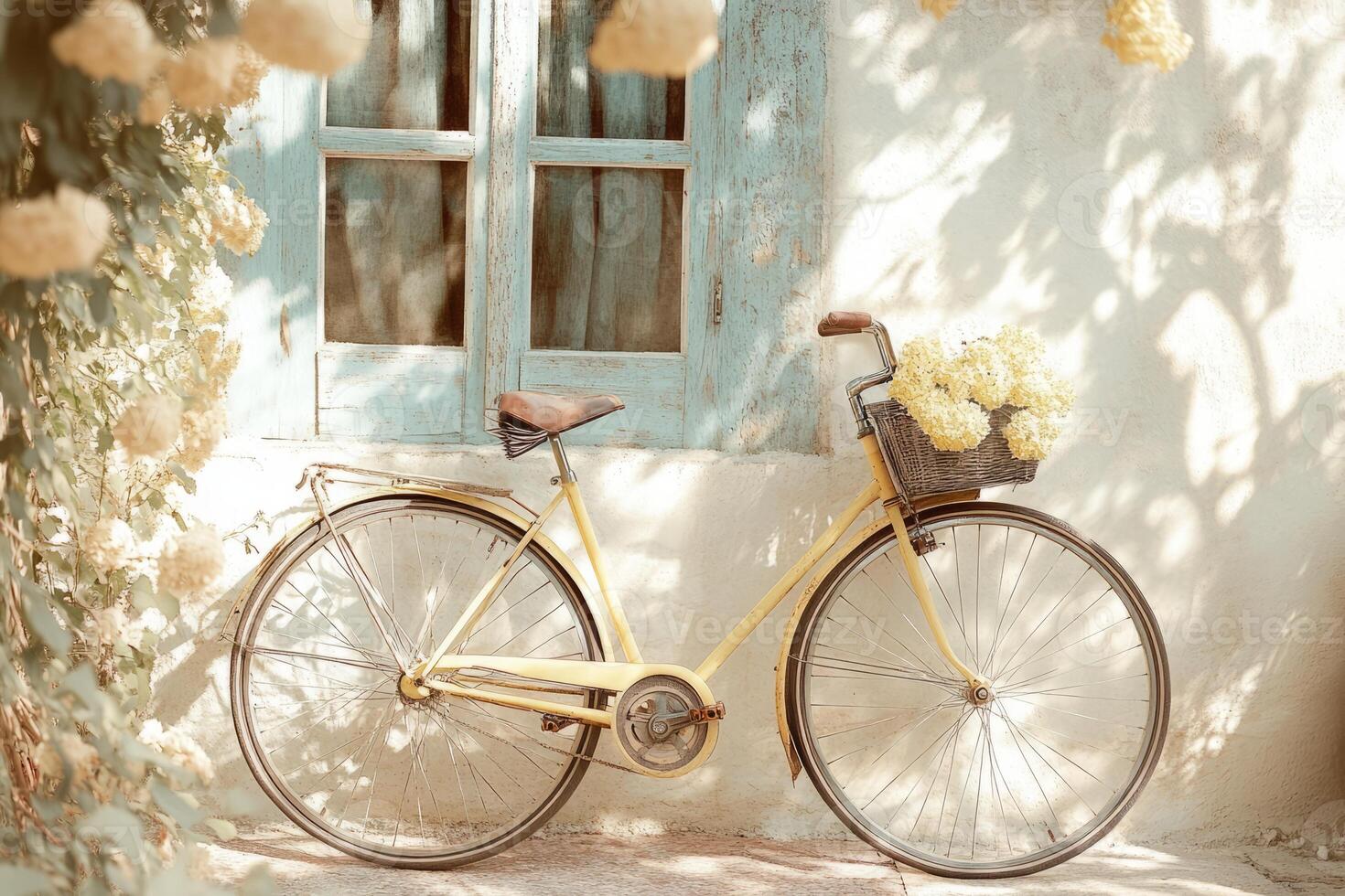 A yellow bicycle with a basket on the front photo