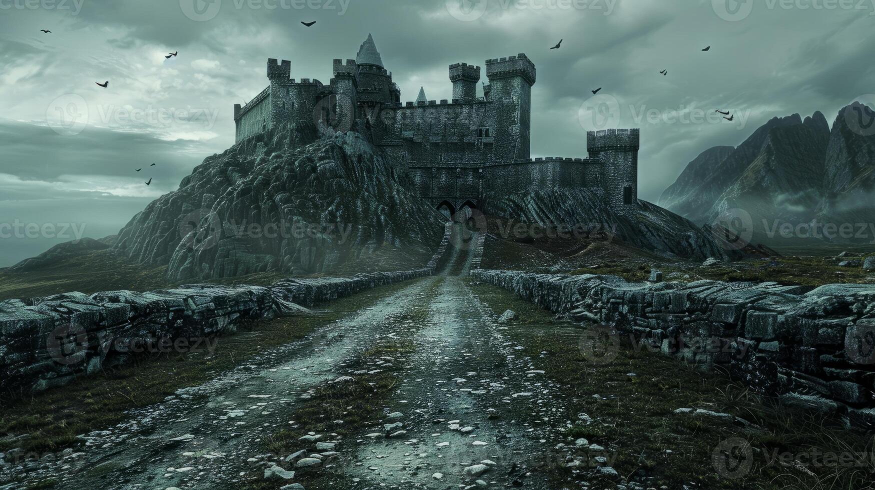 A castle is shown in a dark, gloomy scene with a foggy atmosphere photo