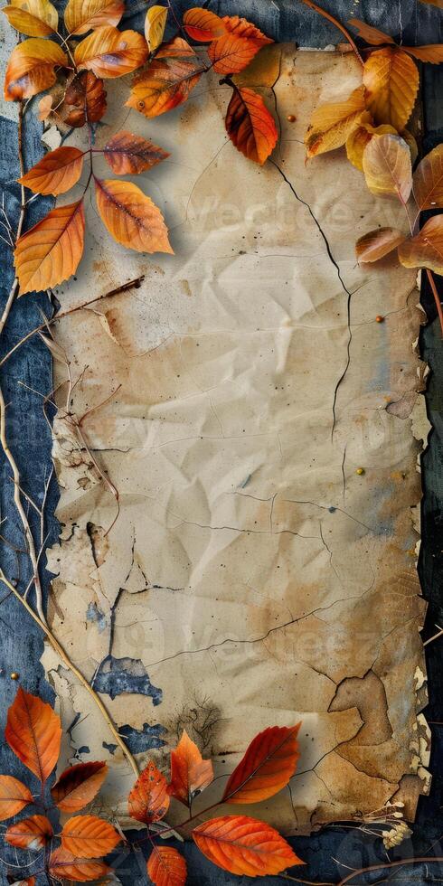 A piece of paper with a brown background and a few leaves on it photo