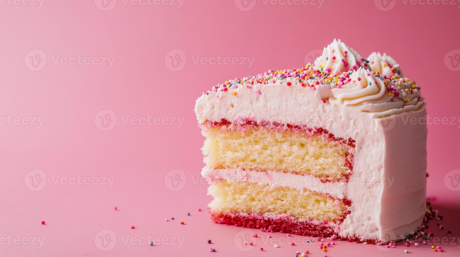Delicious Slice of Vanilla Cake with Pink Frosting and Colorful Sprinkles photo