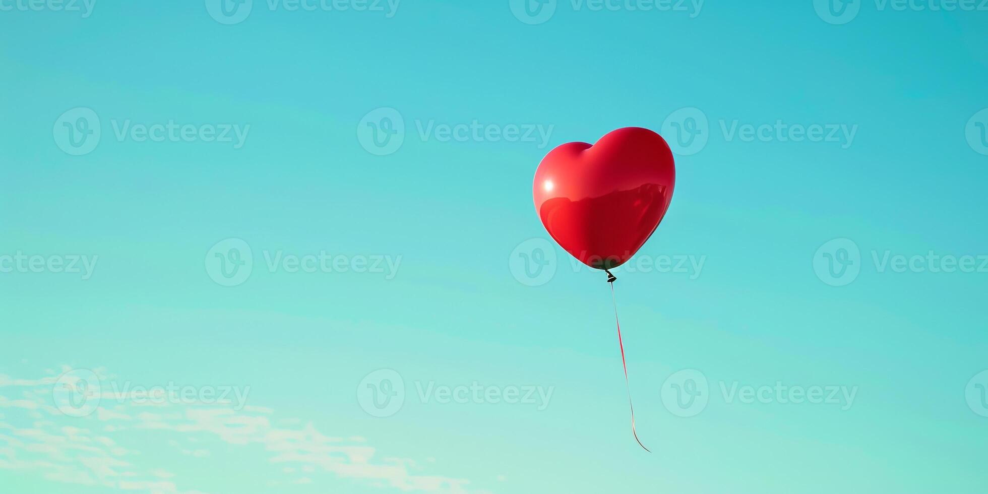 A red heart-shaped balloon floating in a crystal-clear blue sky photo