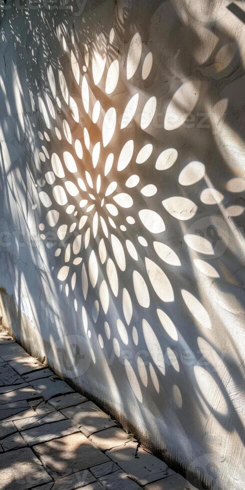 Intricate Sunlit Pattern of Leaf Shadows on a White Wall photo