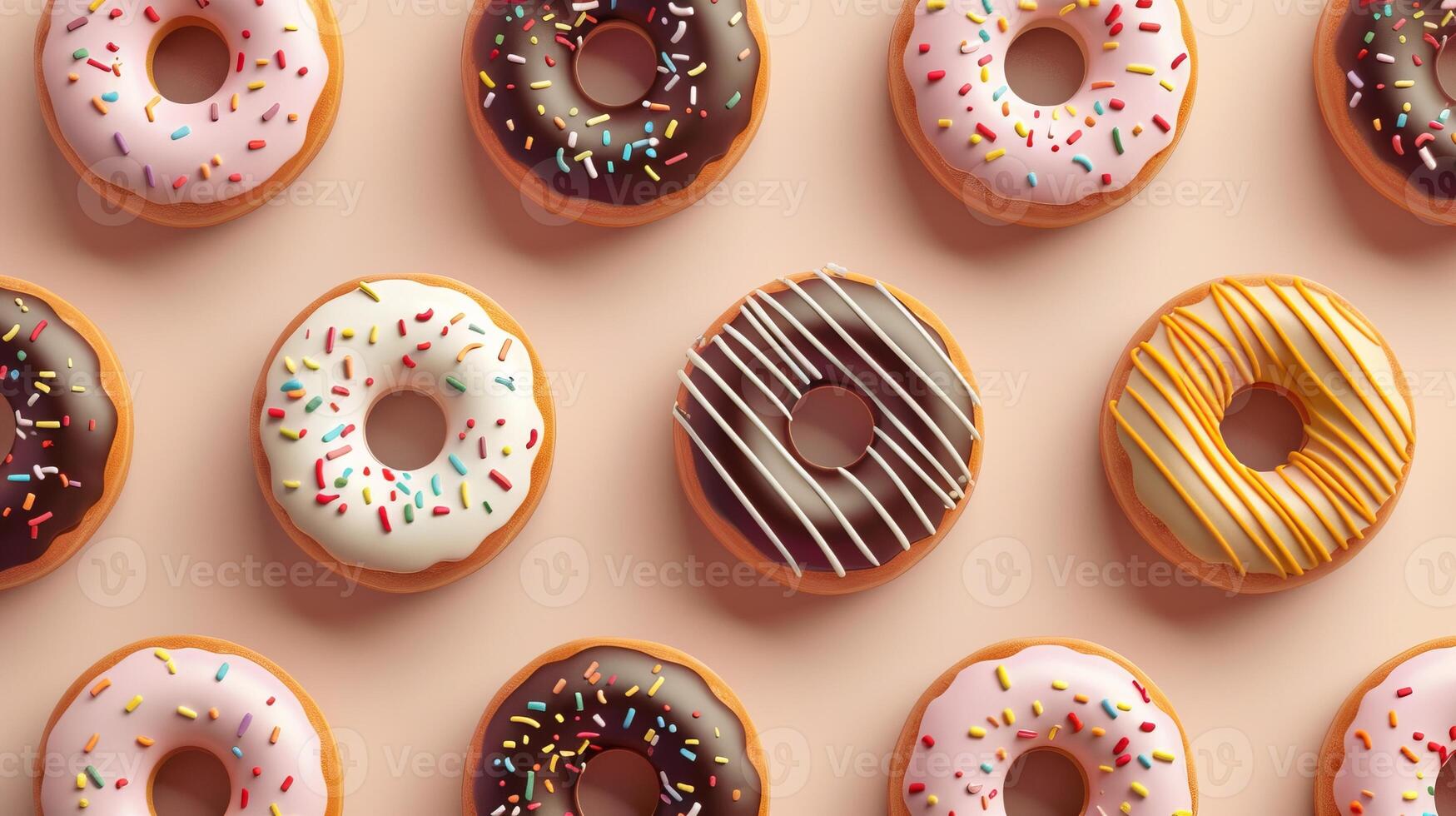 Colorful Assorted Donuts with Sprinkles and Icing on a Pastel Background in a Repeating Pattern photo