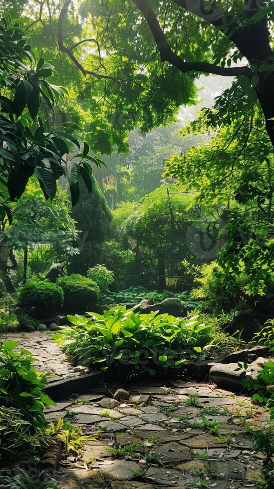 Lush Green Garden with Stone Pathway and Sunlight Filtering photo