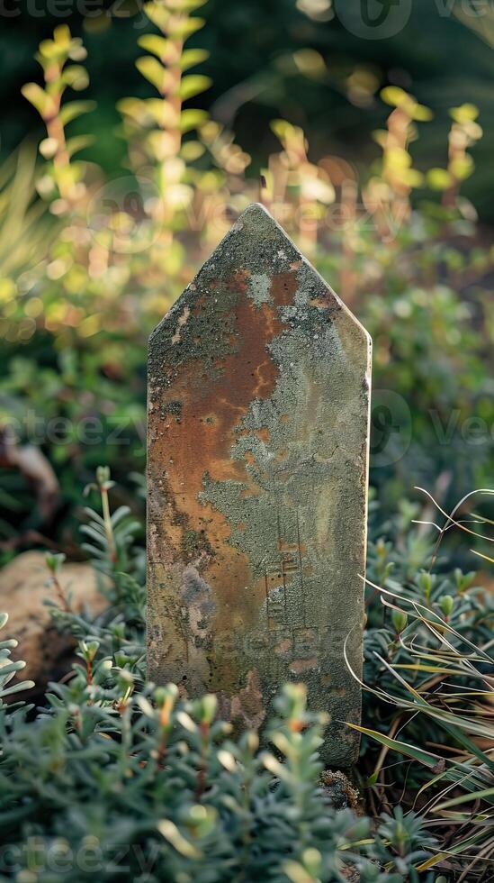 Weathered Stone Marker in Lush Greenery with Sunlight Filtering Through Foliage photo