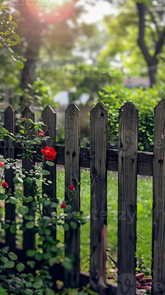Rustic Wooden Fence with Blooming Red Roses in a Lush Green Garden photo