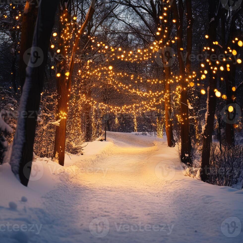 Enchanting Winter Wonderland Pathway Illuminated by Twinkling String Lights photo