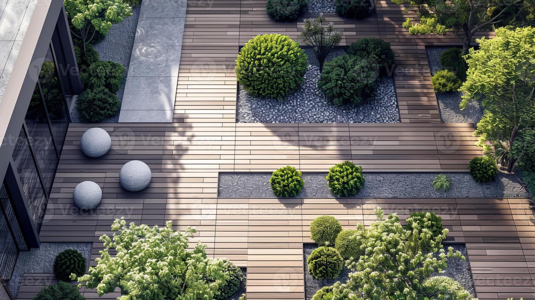 Modern Zen Garden with Wooden Decking and Greenery photo