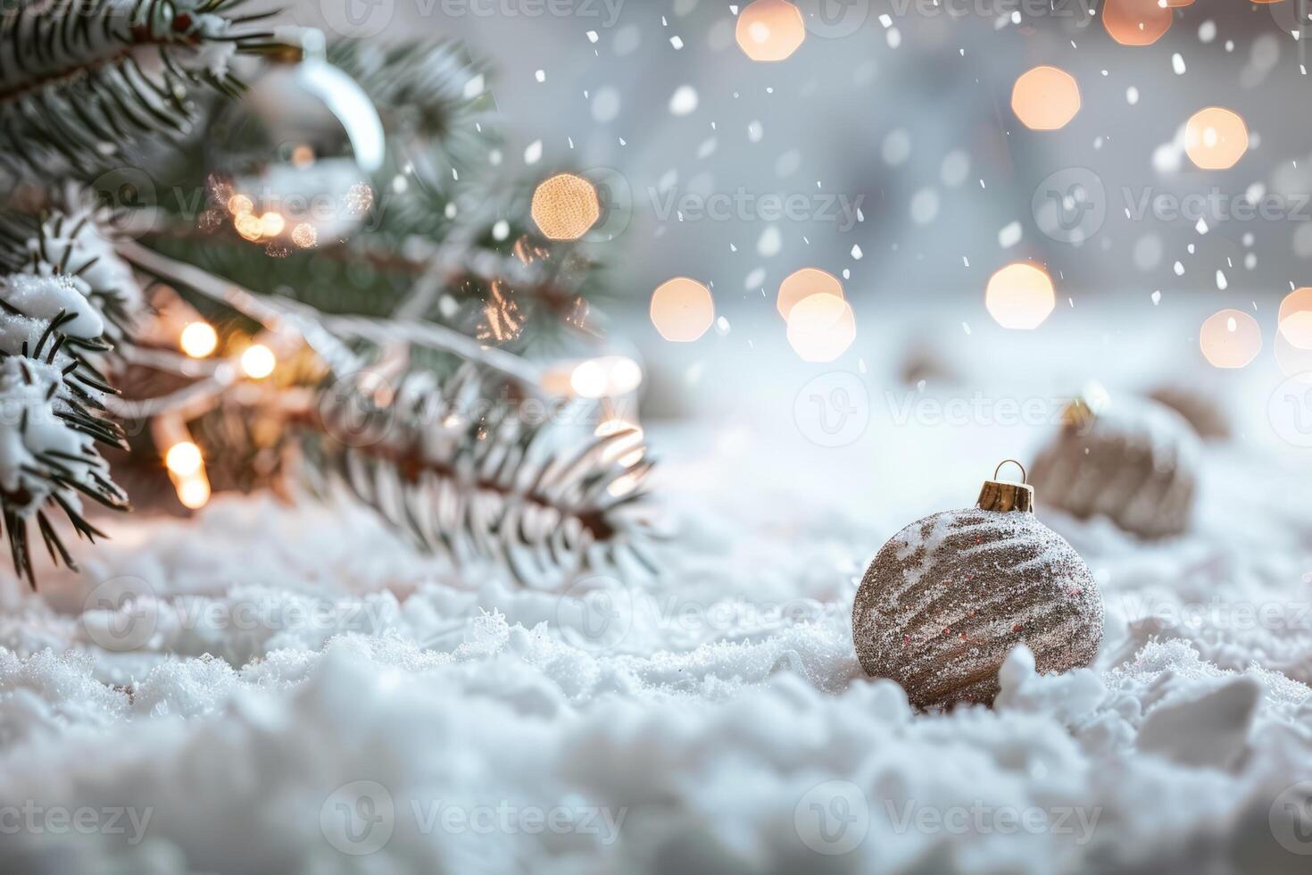 Festive Christmas Scene with Snow-Covered Ornaments and Twinkling Lights photo