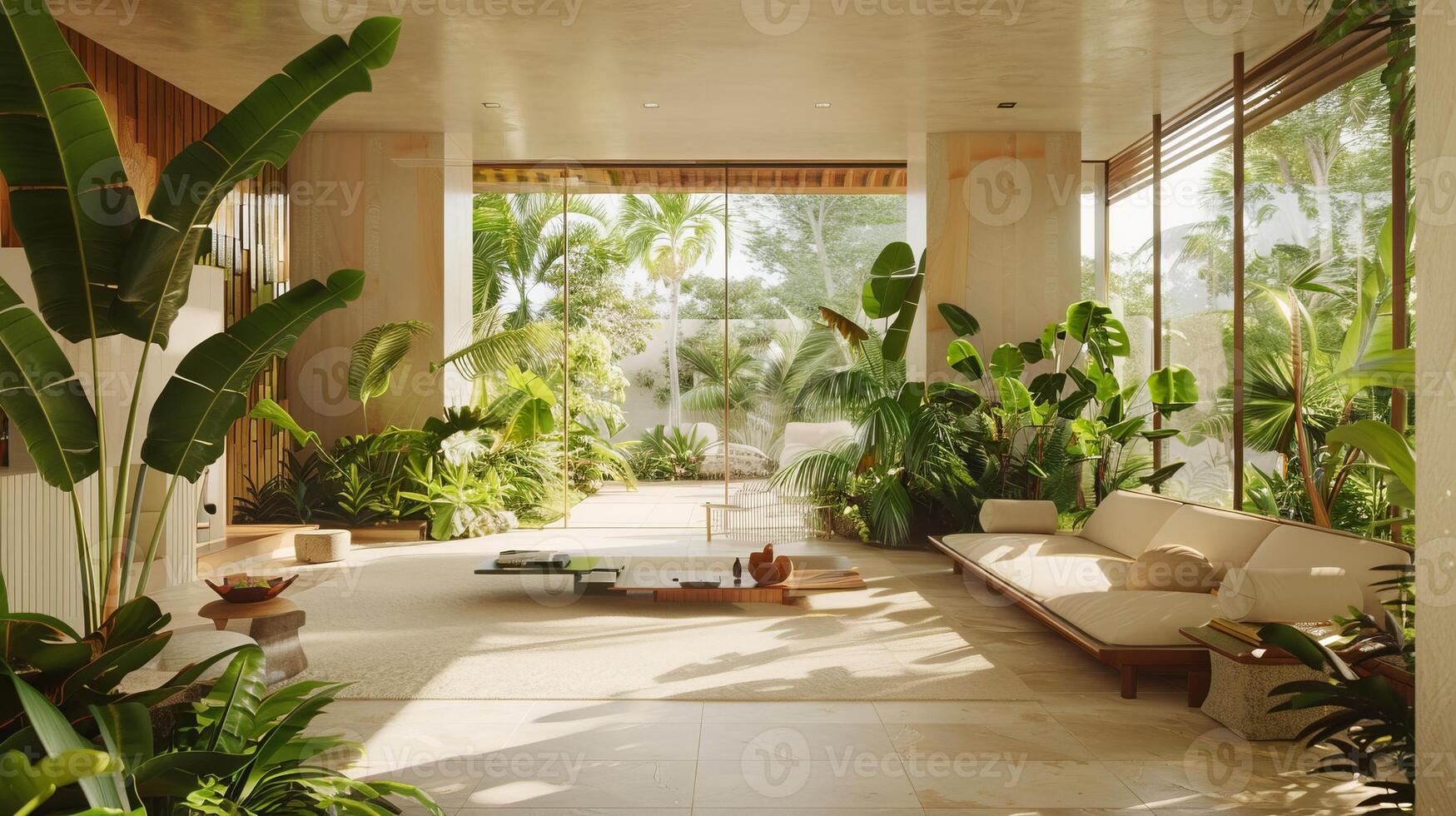 A large open living room with a lot of greenery and plants photo