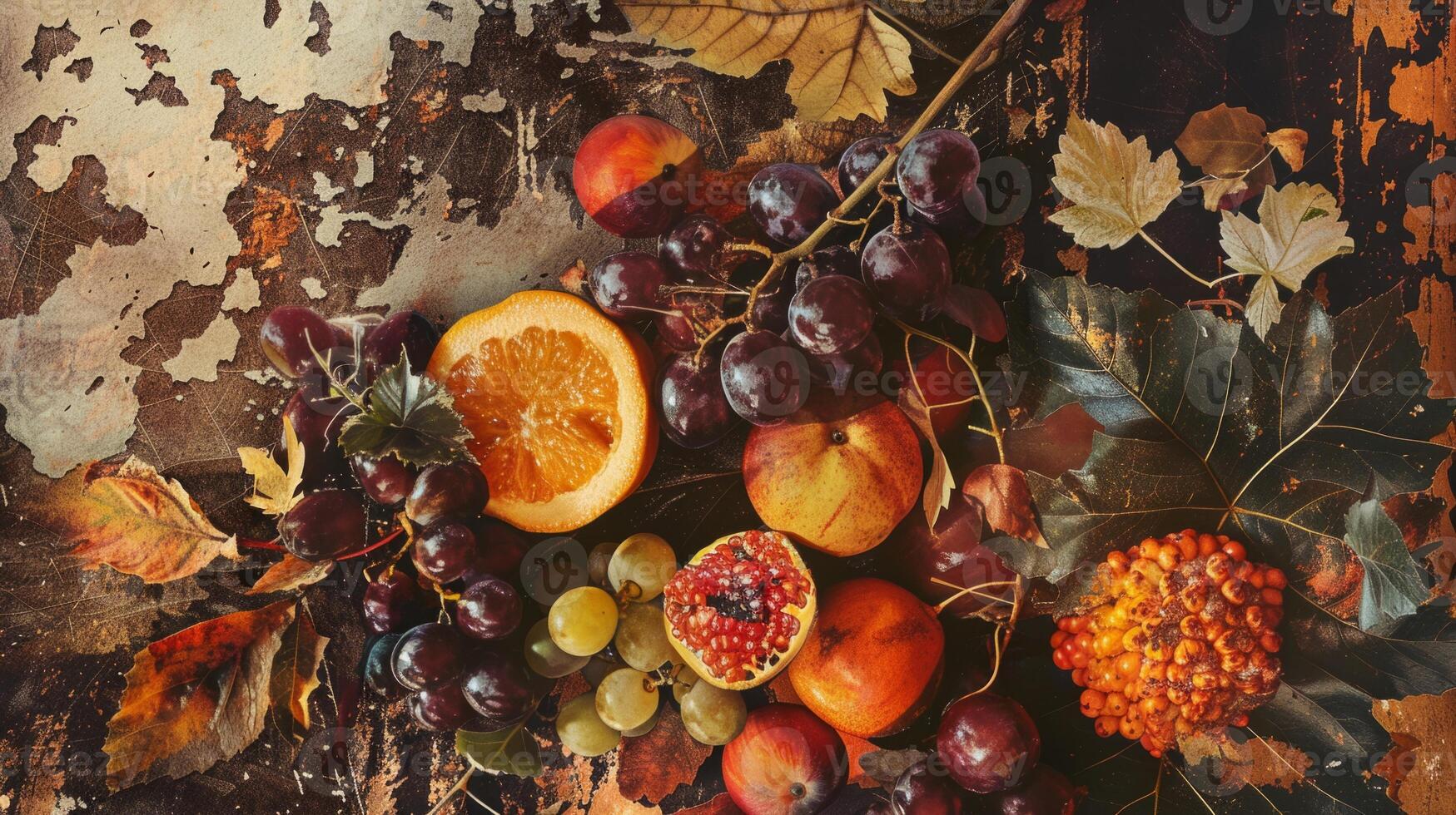 Mixed media collages of autumn fruits combined with vintage elements photo