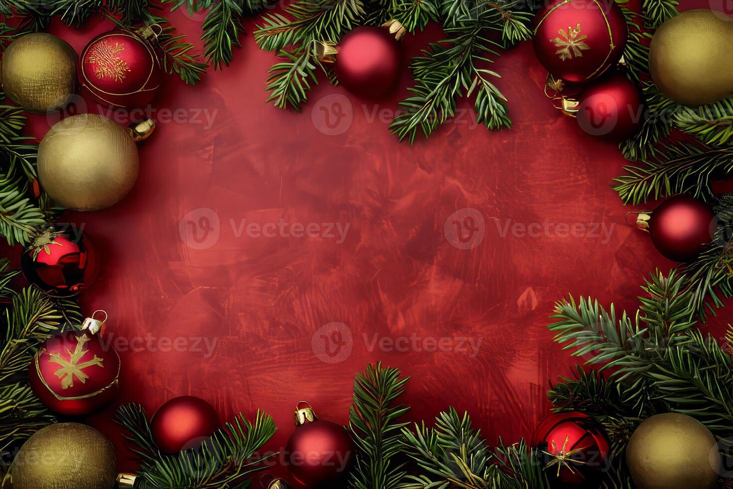 A red background with a green tree and gold and red balls photo