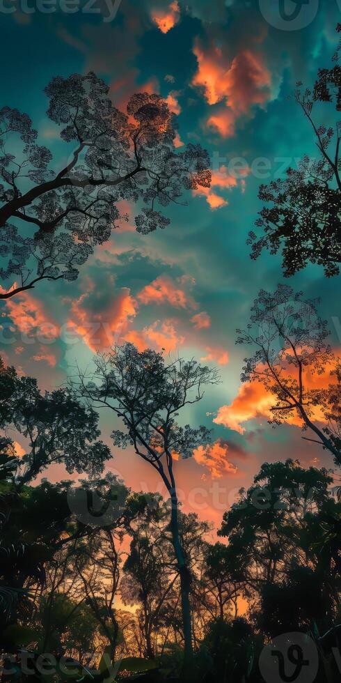 Captivating silhouette of jungle treetops against a radiant sky. photo