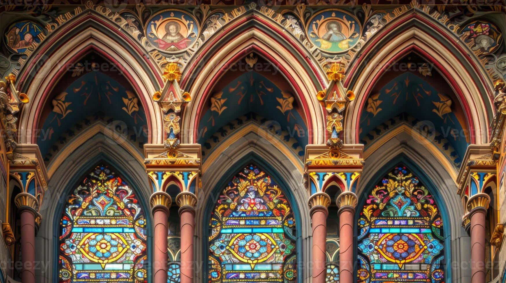 Copy space with a beautiful stained glass window depicting religious motifs photo