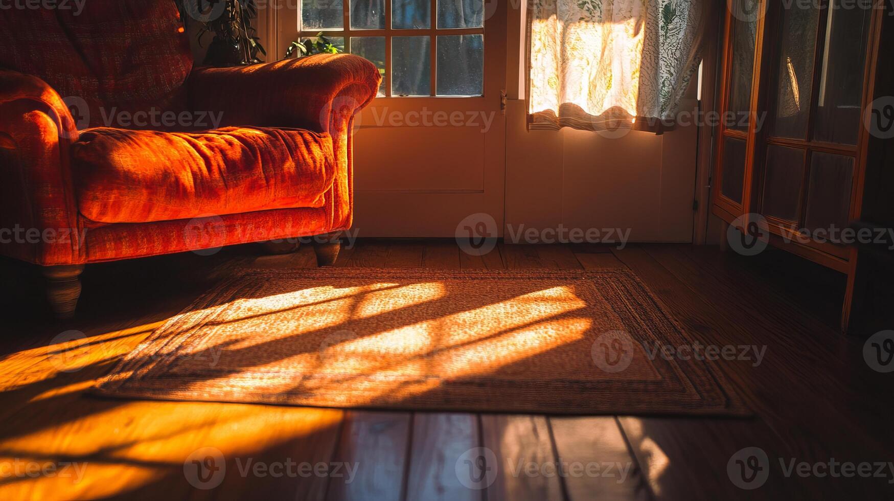 Cozy Sunlit Living Room with Vintage Armchair and Wooden Floor Illuminated by Warm Afternoon Light photo