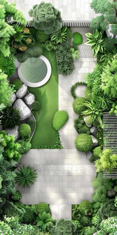 Aerial View of a Modern Zen Garden with Lush Greenery and Stone Pathways photo