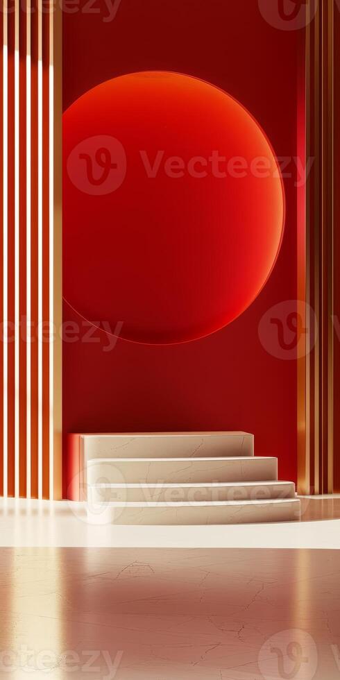 Modern Minimalist Interior with Red and Gold Accents Featuring Circular Design and White Steps photo