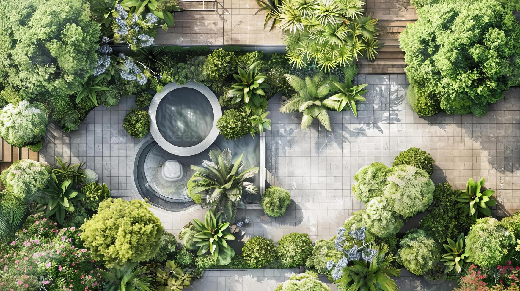 Aerial View of Modern Courtyard Garden with Lush Greenery photo
