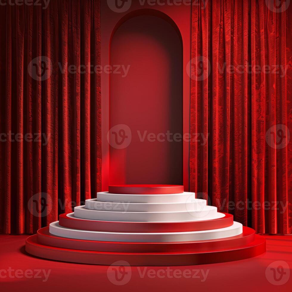 A striking red stage with layered steps and curtains photo