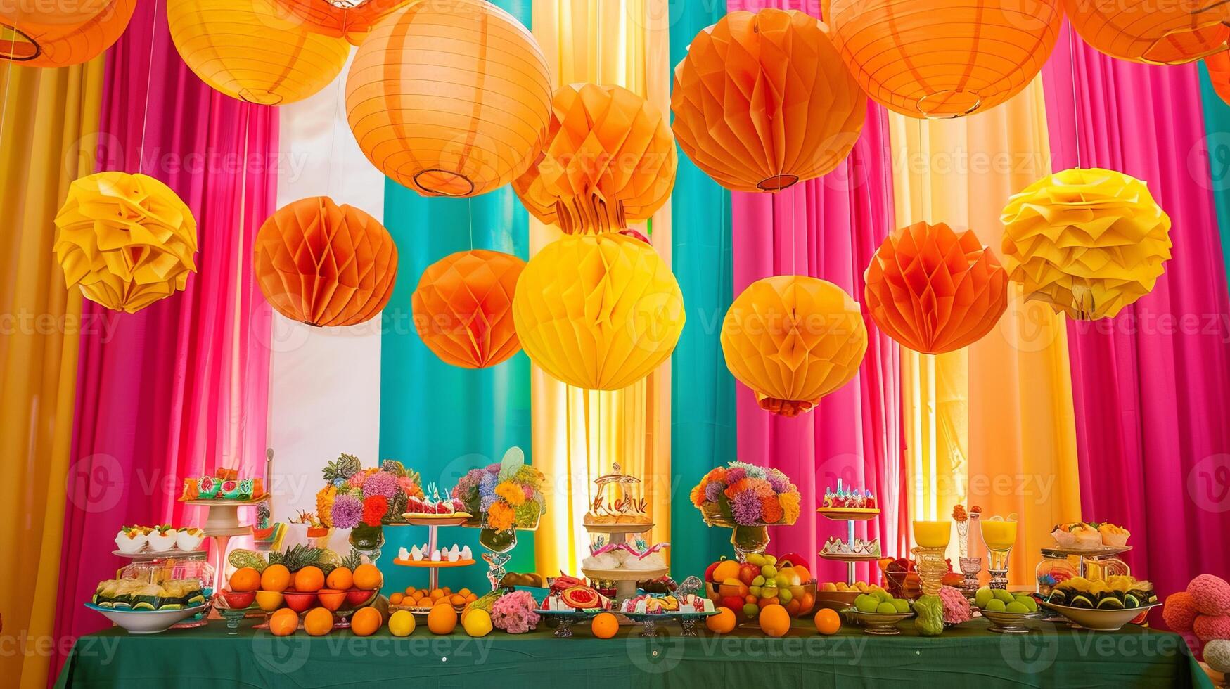 A table with a variety of fruits and a colorful backdrop photo