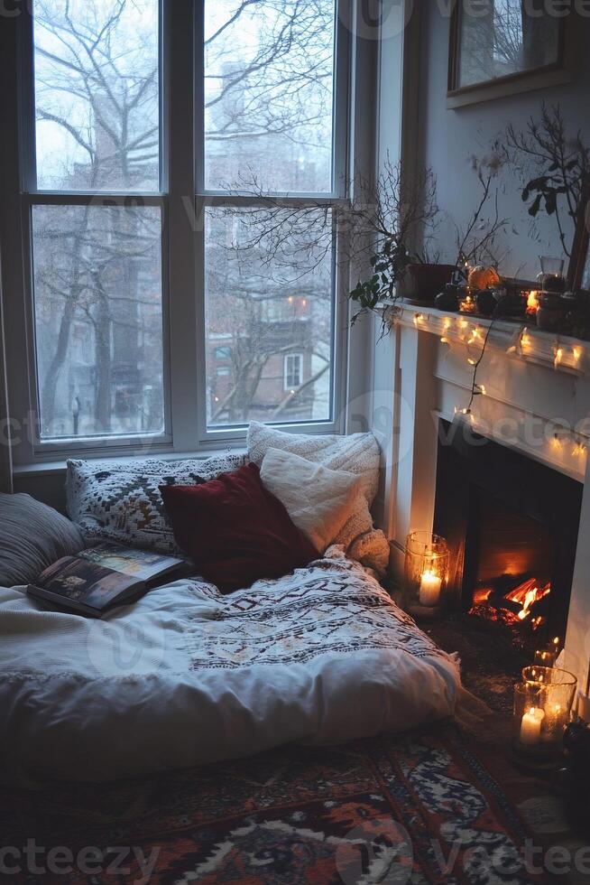 Cozy Winter Reading Nook with Fireplace and Large Windows photo