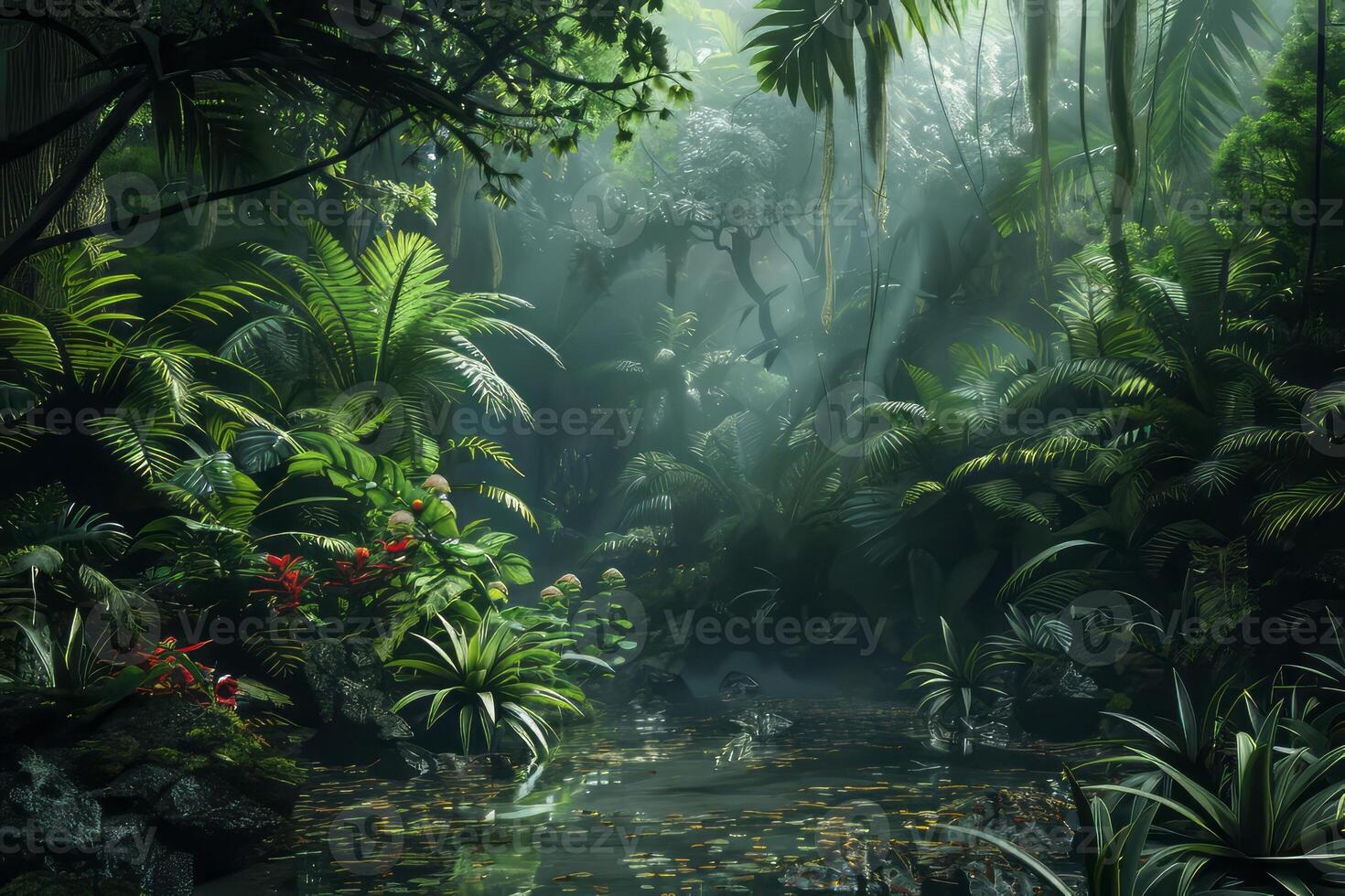 Conceptual rainforest scene with surreal elements. photo