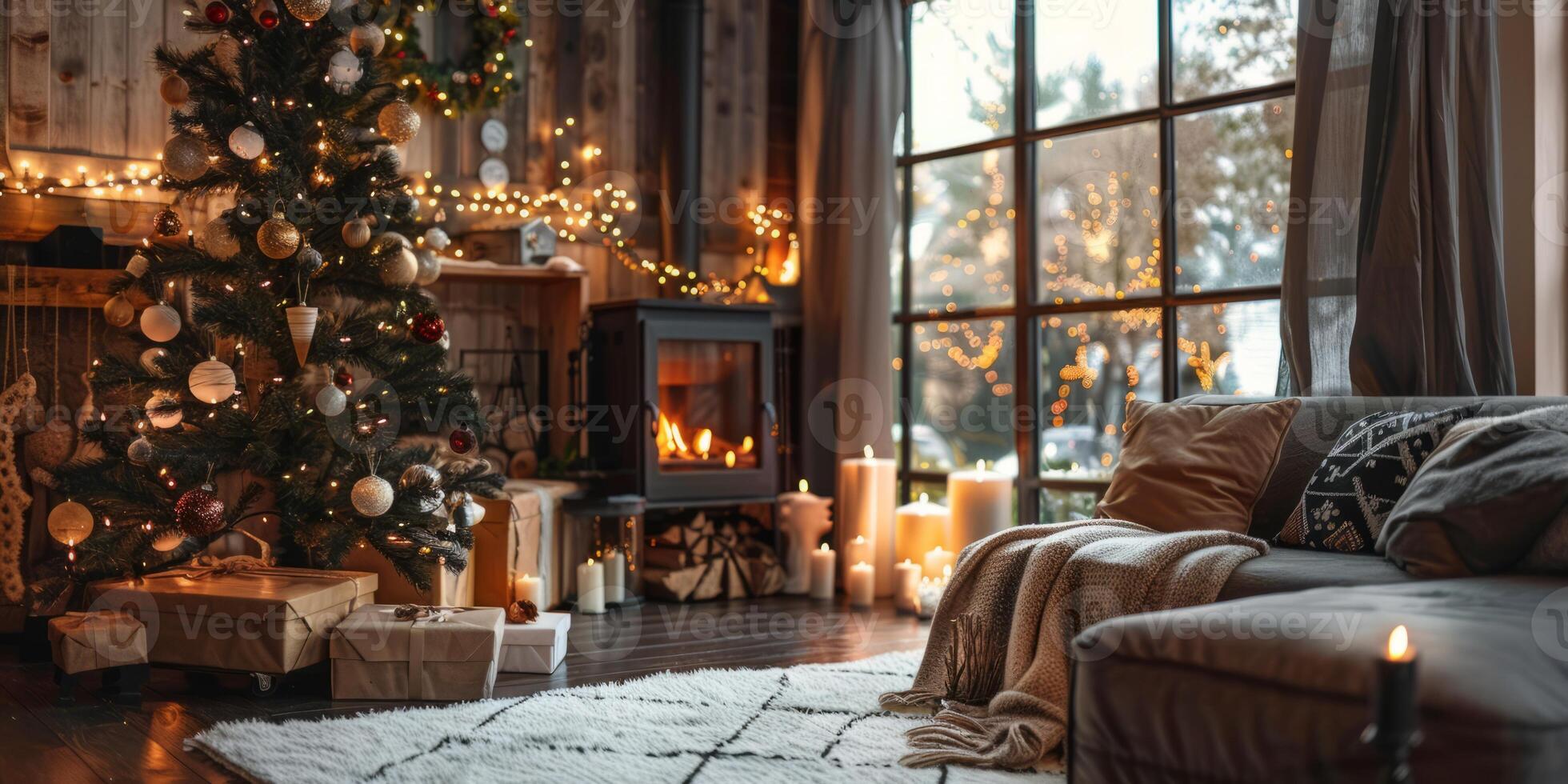 A cozy living room with a Christmas tree and a fireplace photo