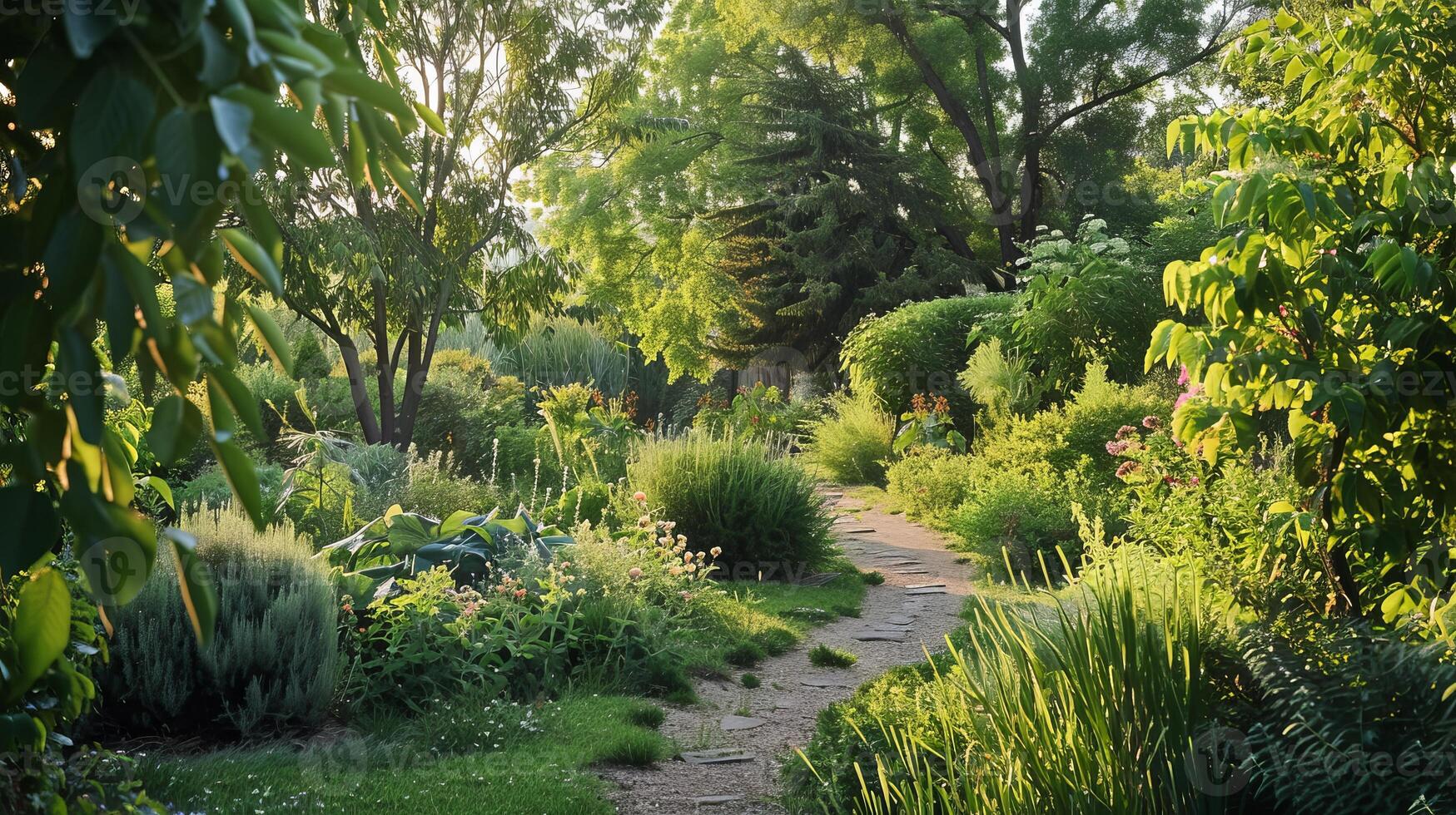 Lush Green Garden Pathway with Sunlight Filtering Through Trees photo