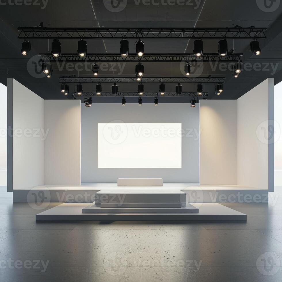 Modern Minimalist Stage Setup with Lighting and Large Screen for Events photo