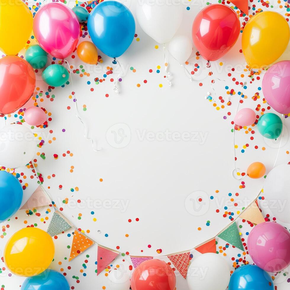A colorful party scene with balloons and confetti photo