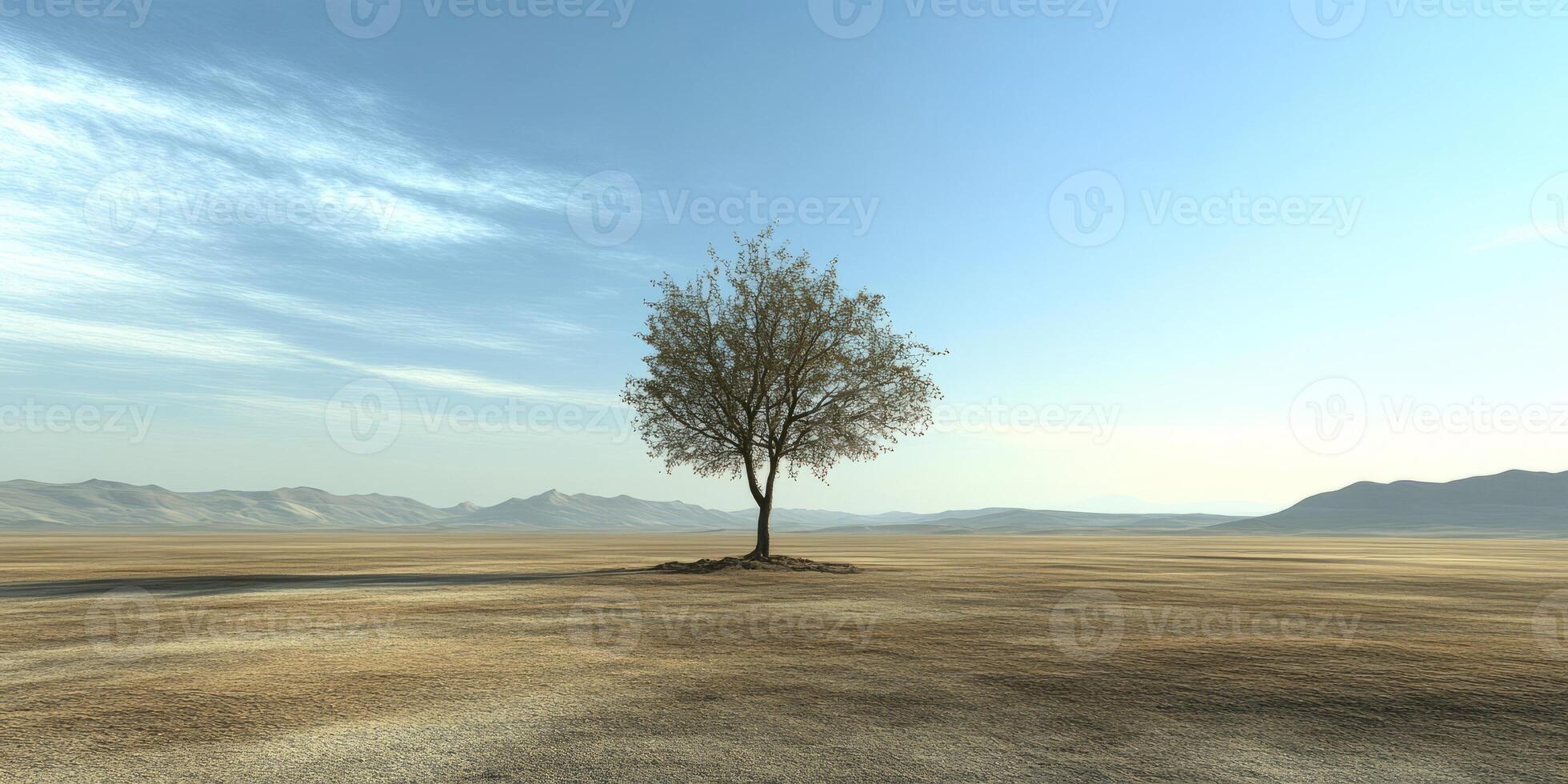 Lone Tree in Vast Desert Landscape Under Clear Blue Sky with Distant Mountains and Gentle Clouds photo