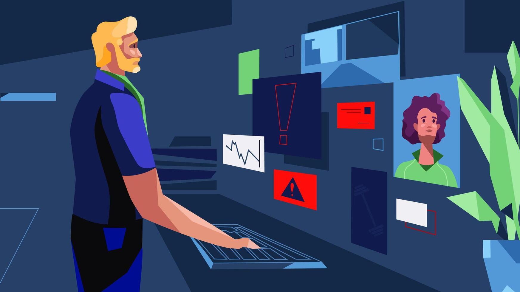 Business Person with Virtual Digital Screens All Around vector