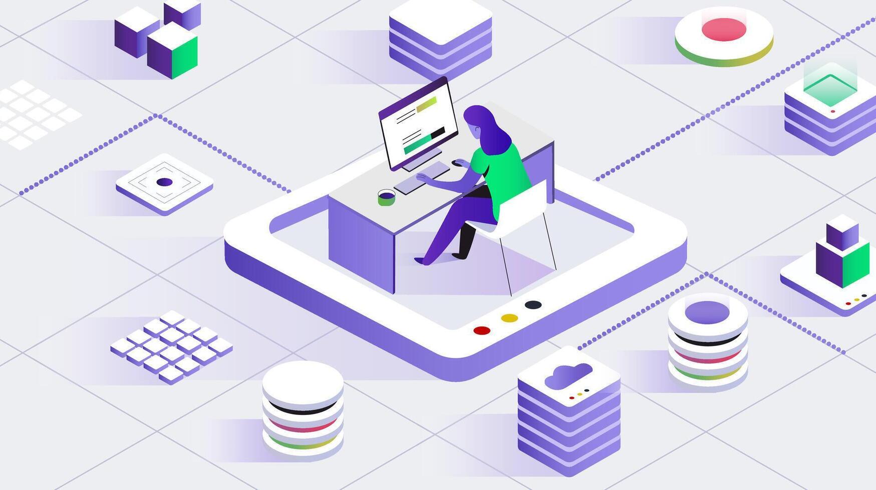 Futuristic Workspace with Digital Connections and Cloud Data Integration in 3D Style vector