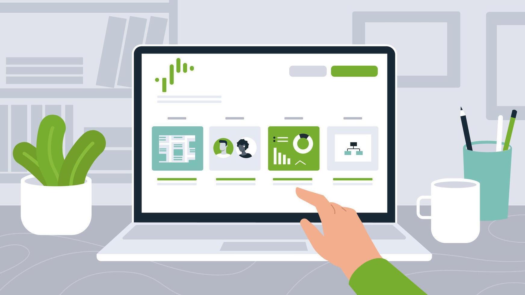 Modern Workspace with Laptop Displaying Data Analytics and Interactive Dashboard vector