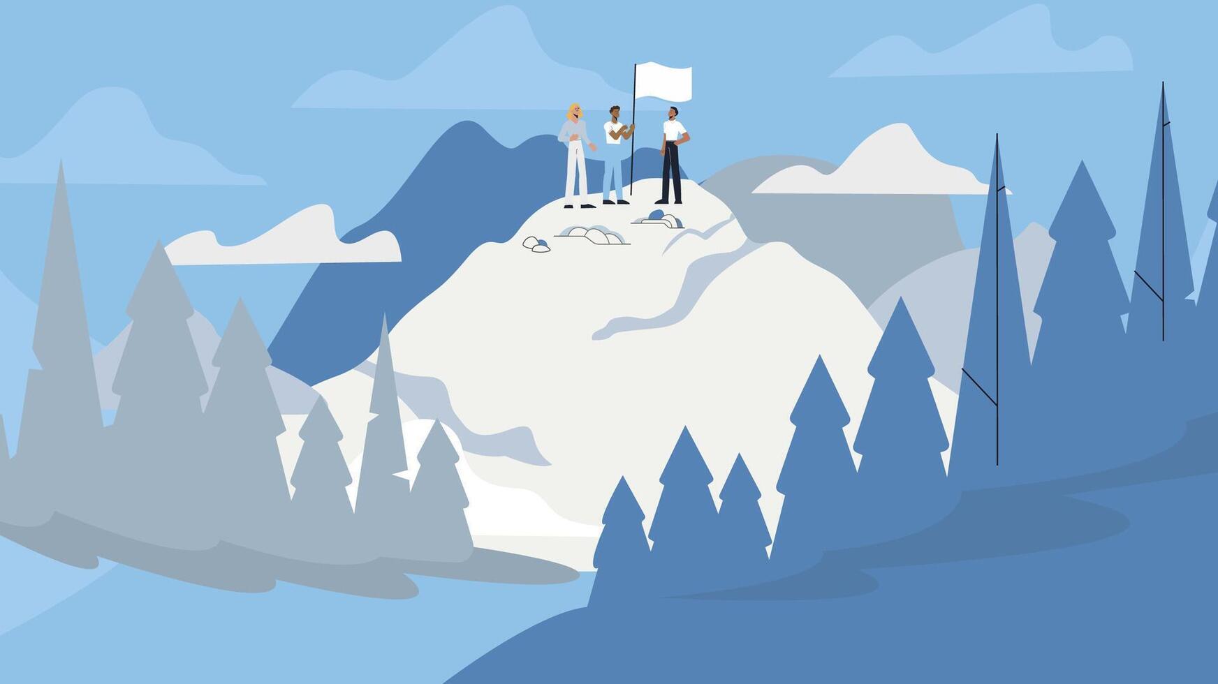 Drawing of people on a mountain and raising a flag vector