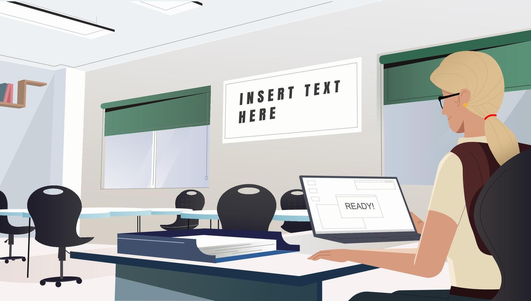 Modern Office Workspace with Professional Woman Using Laptop for Productivity vector