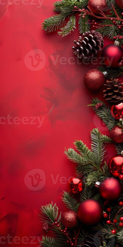 Festive Christmas Background with Red Ornaments and Pine Cones photo