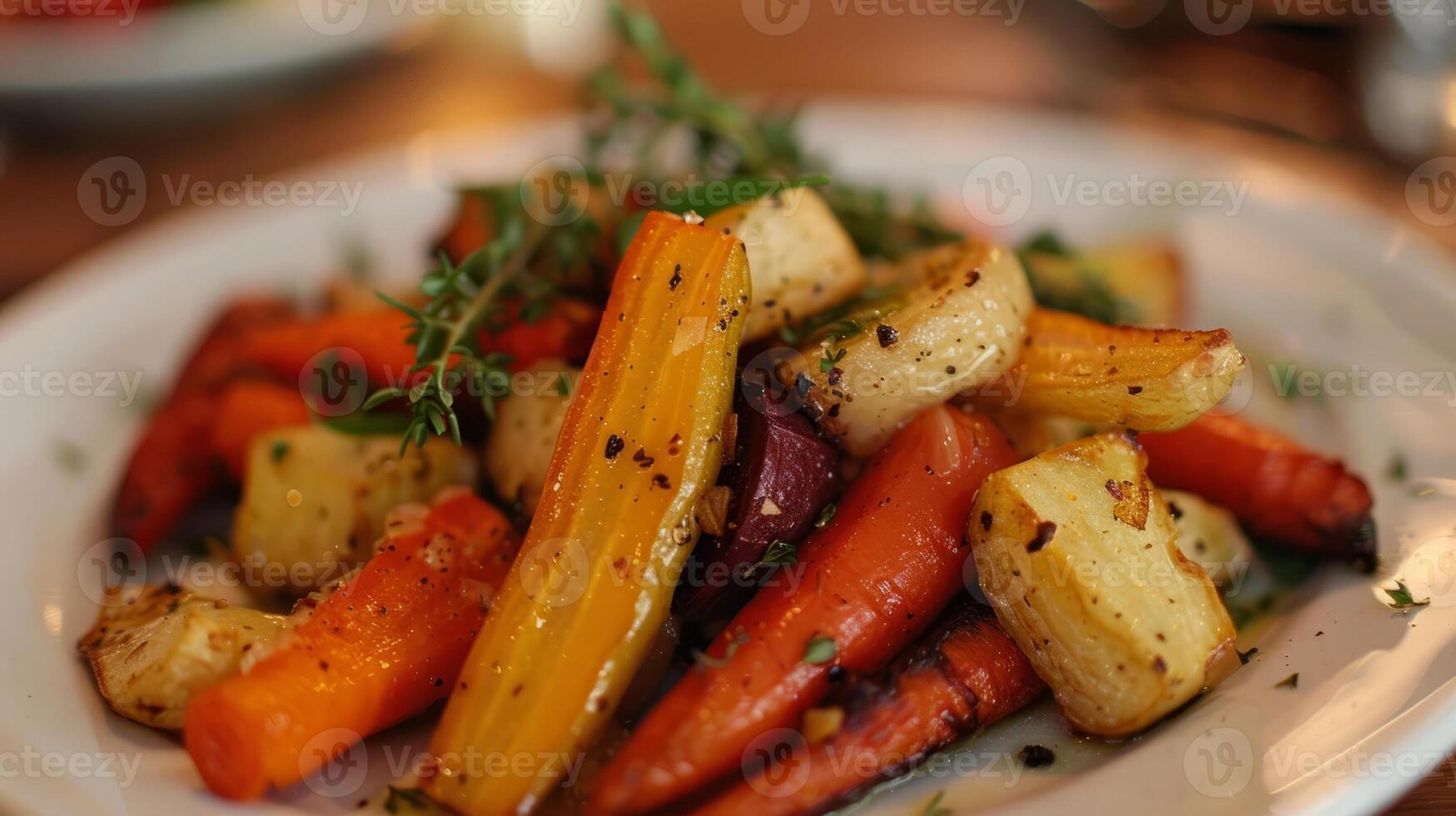 Clean lines and subdued colors highlight a plate of roasted vegetables photo