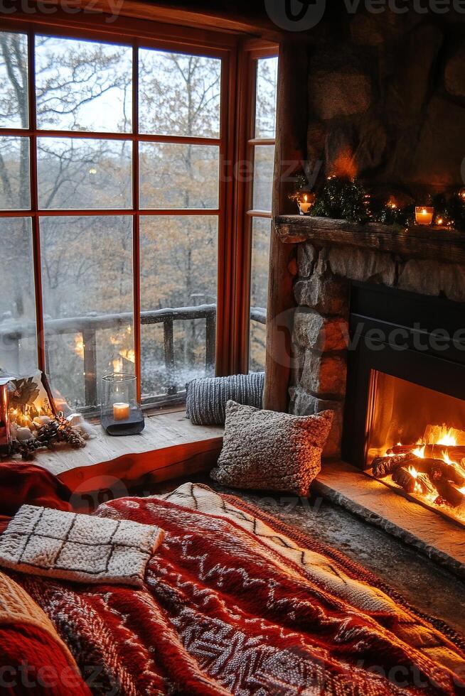 A cozy living room with a fireplace and a window overlooking a forest photo