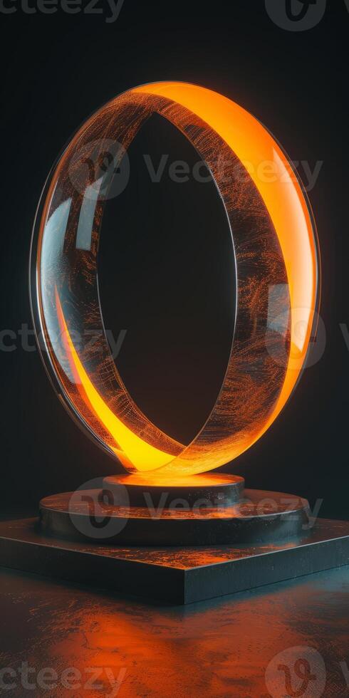 Futuristic Glowing Orange Ring Sculpture on Dark Background with Reflective Surfaces photo