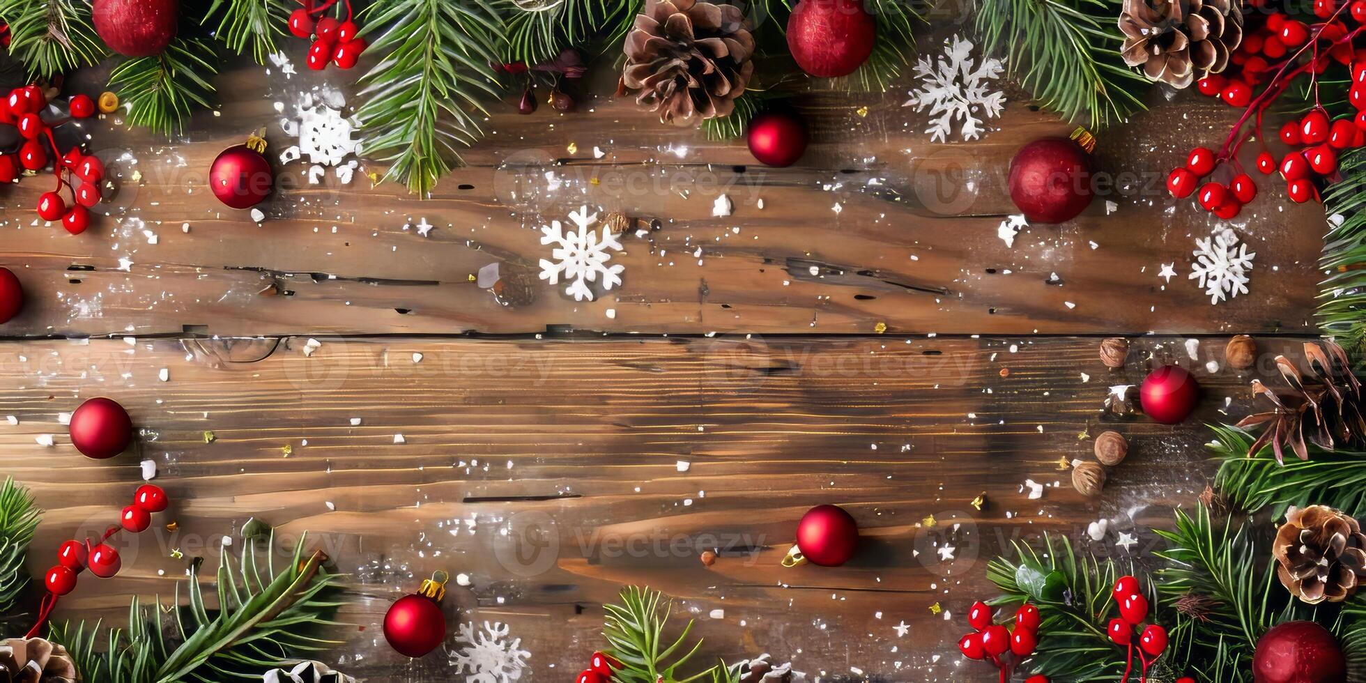 A wooden background with red and white snowflakes and red and white berries photo